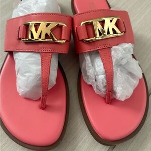 Michael Kors Coral Pink Thong Sandals Size 6 Gold MK Logo Summer